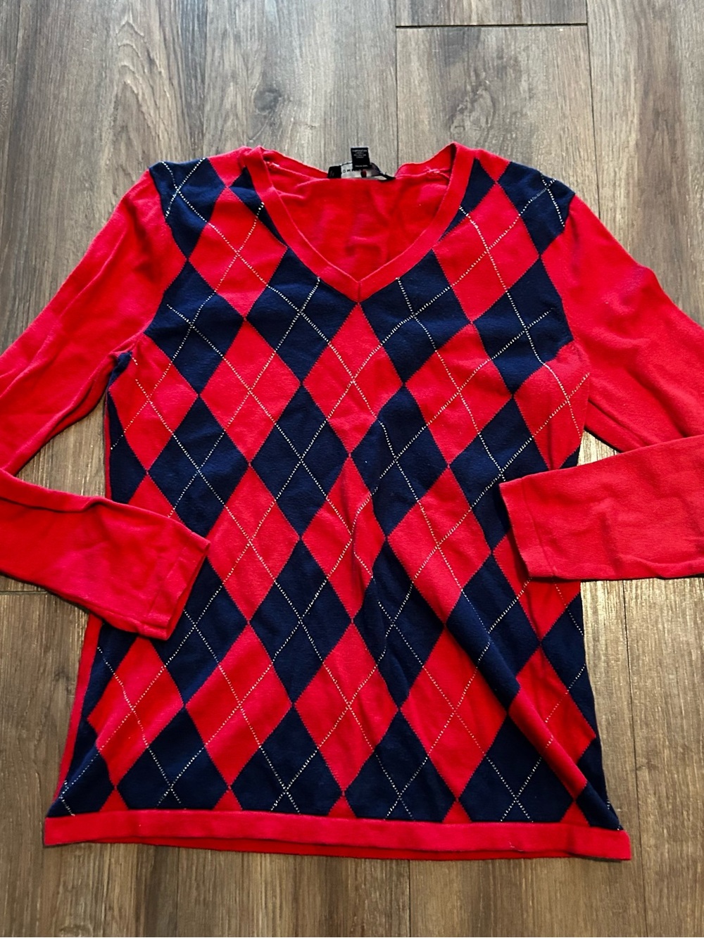Tommy Hilfiger Diamond Argyle V Neck Sweater Preppy Red Blue Women's Sz Medium M